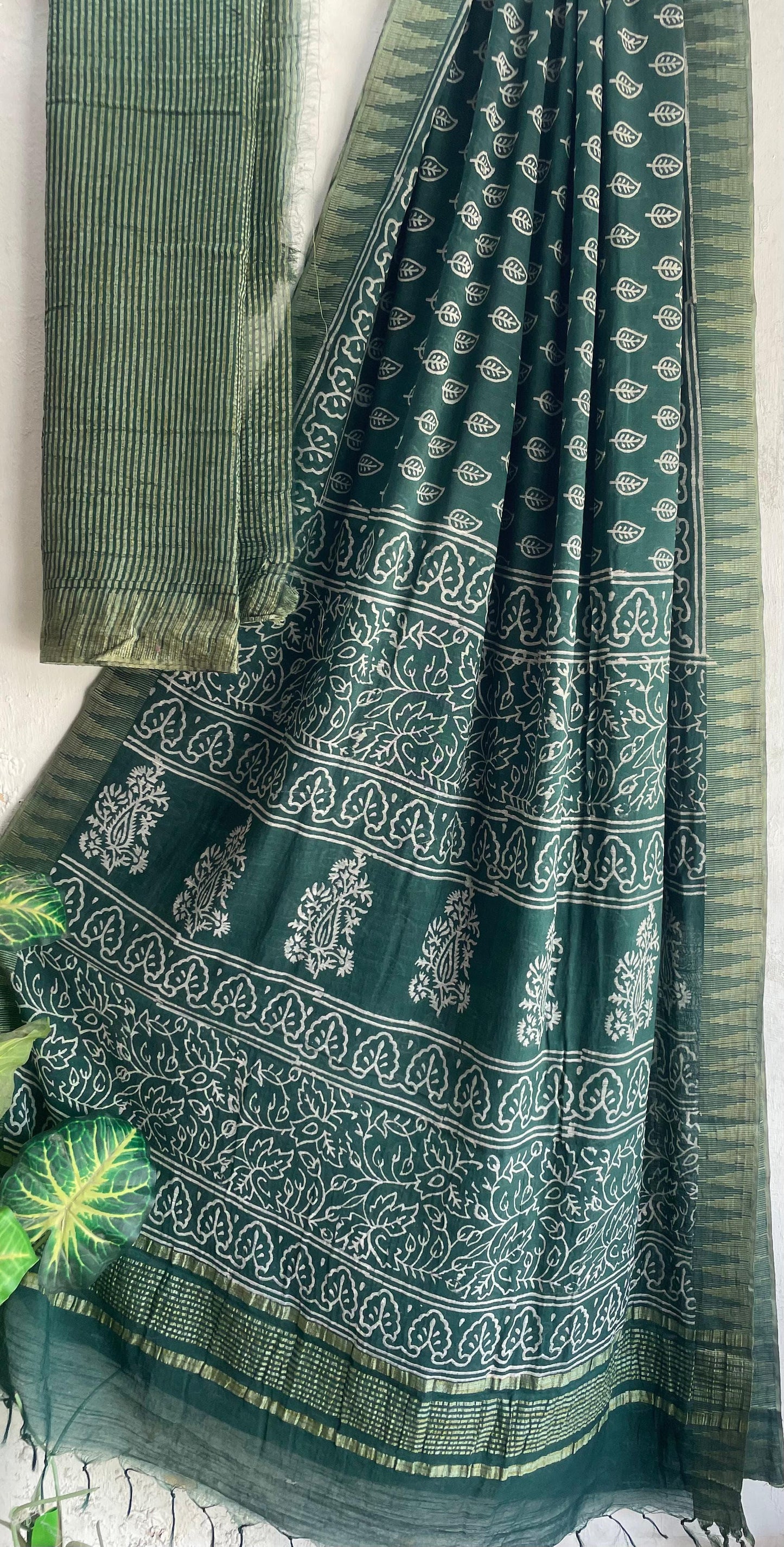 Hand Block Printed Cotton Silk Saree with Temple Border (Ajrakh & Dabu)
