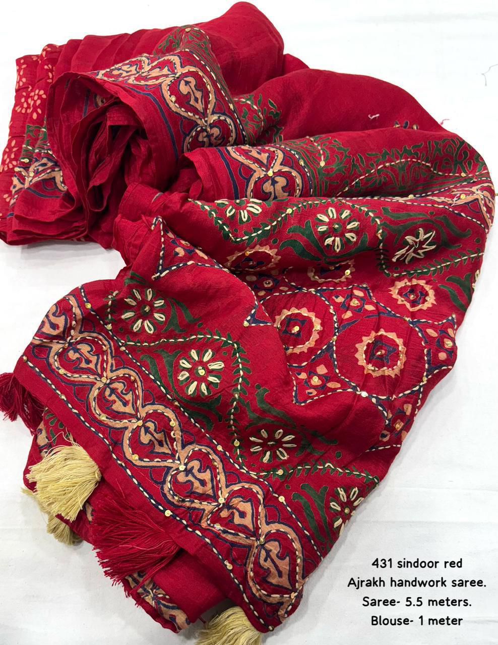 Premium Ajrakh Handwork Chanderi Cotton Saree with Kaatha Work