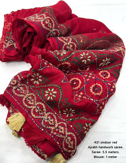 Premium Ajrakh Handwork Chanderi Cotton Saree with Kaatha Work