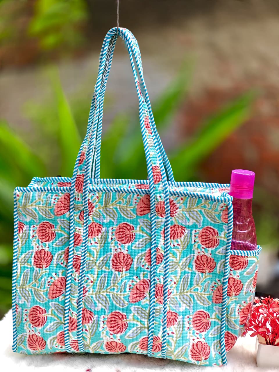 Cotton Quilted Tote Bag with Zip & External Water Bottle Pocket