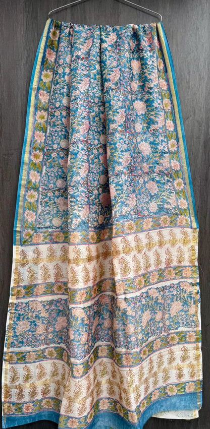 Hand Block Printed Bagru Pure Chanderi Saree with Blouse Piece