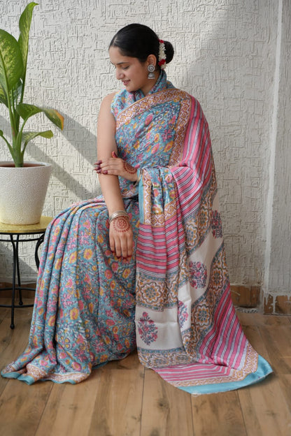 Soothing Ajrakh Vanaspati Natural Dye Modal Silk Saree + Printed Blouse