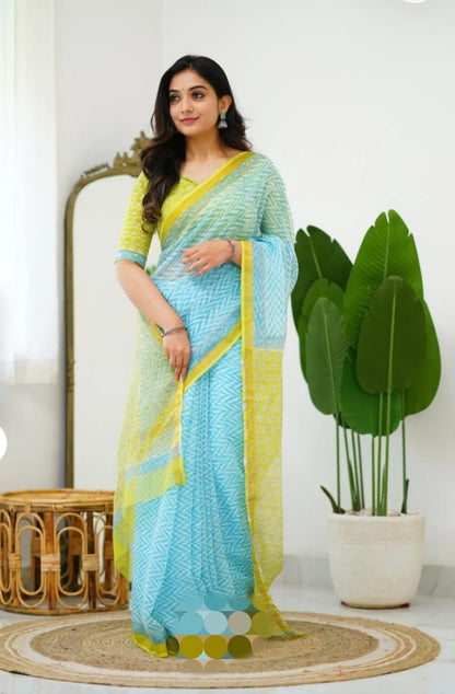 Kota Doriya Hand Block Printed Saree with Blouse (Natural Dye)
