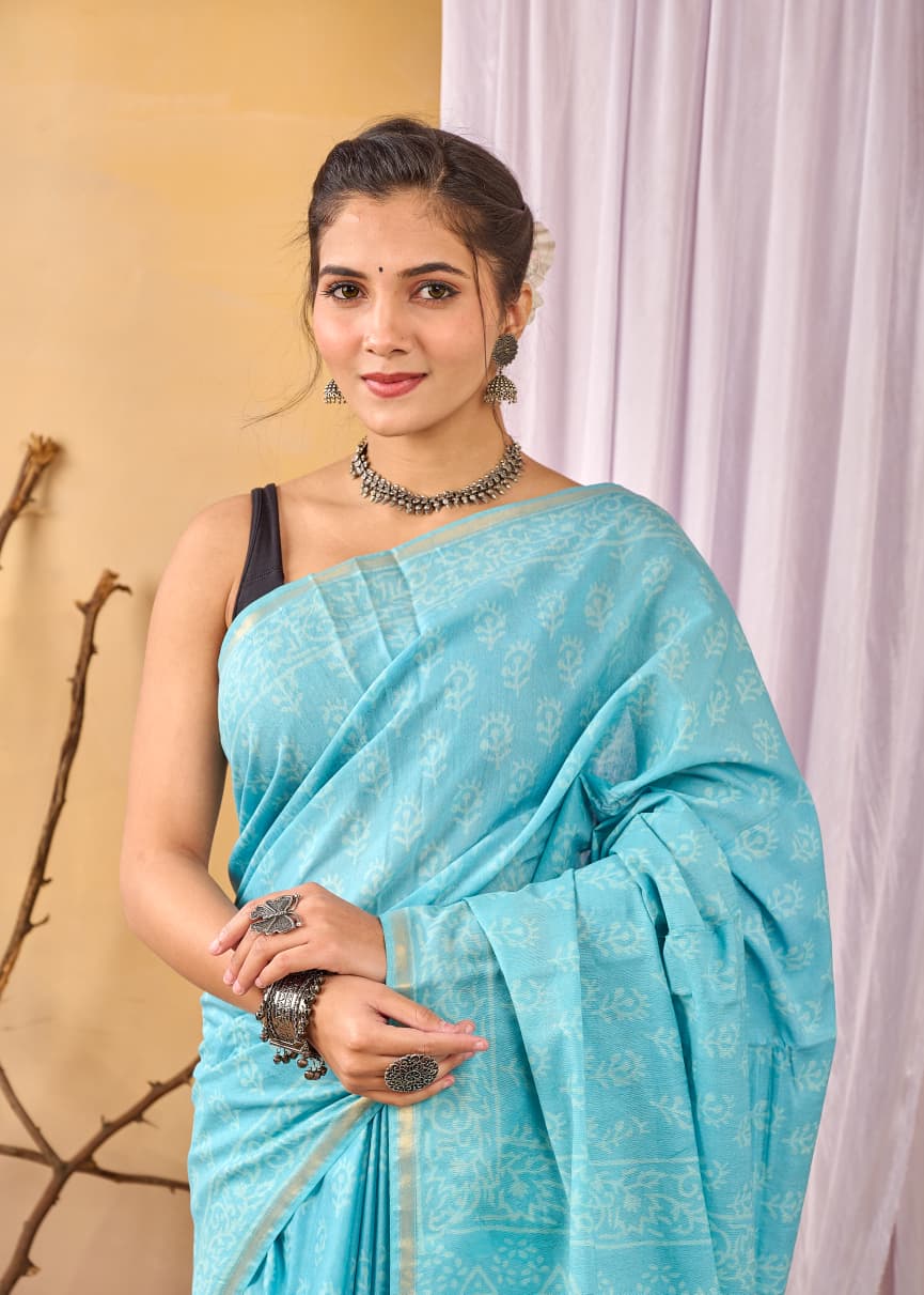 Chanderi Cotton Silk Saree | Hand Block, Dabu & Bagru Prints