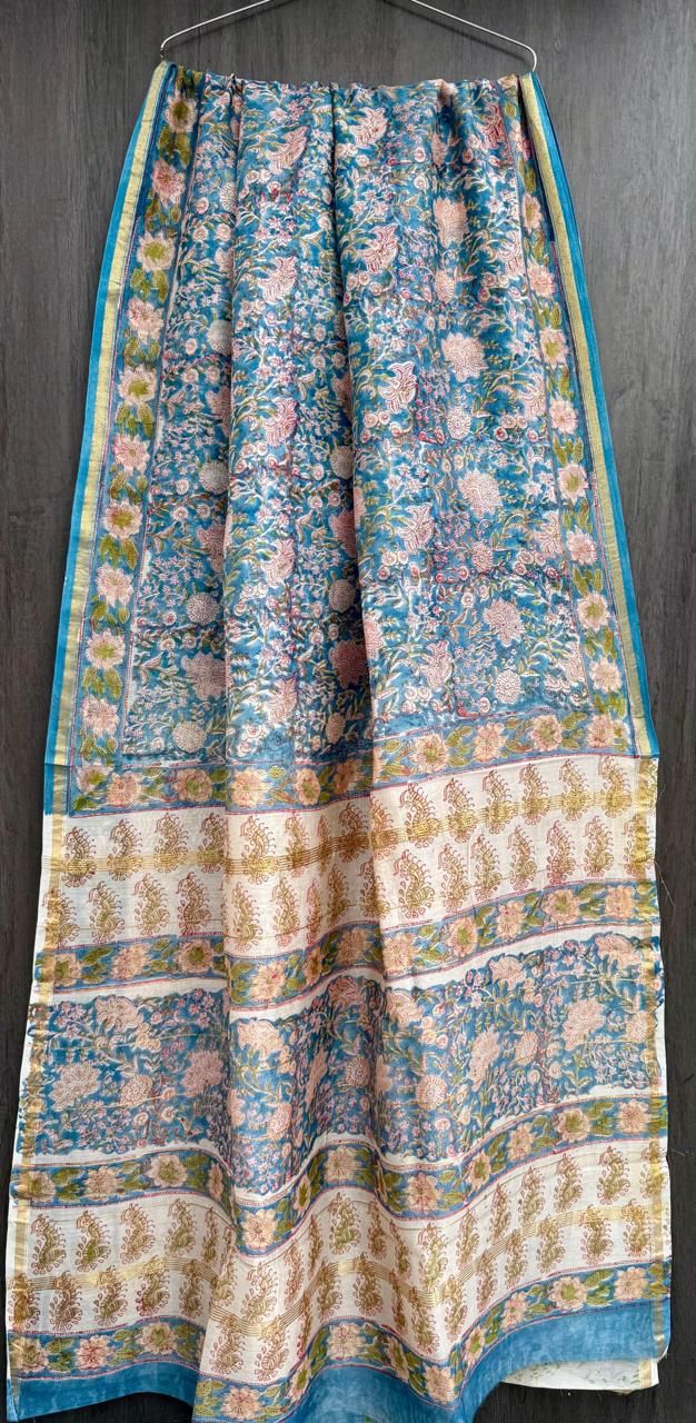 Hand Block Printed Bagru Pure Chanderi Saree with Blouse Piece