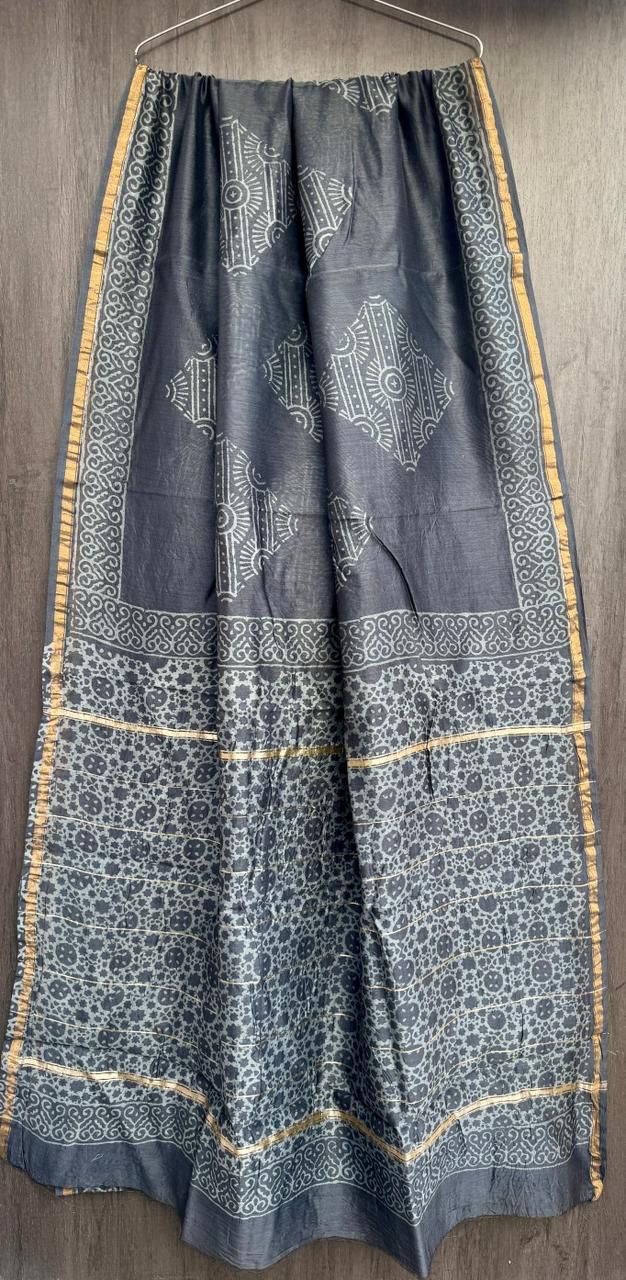 Hand Block Printed Bagru Pure Chanderi Saree with Blouse Piece