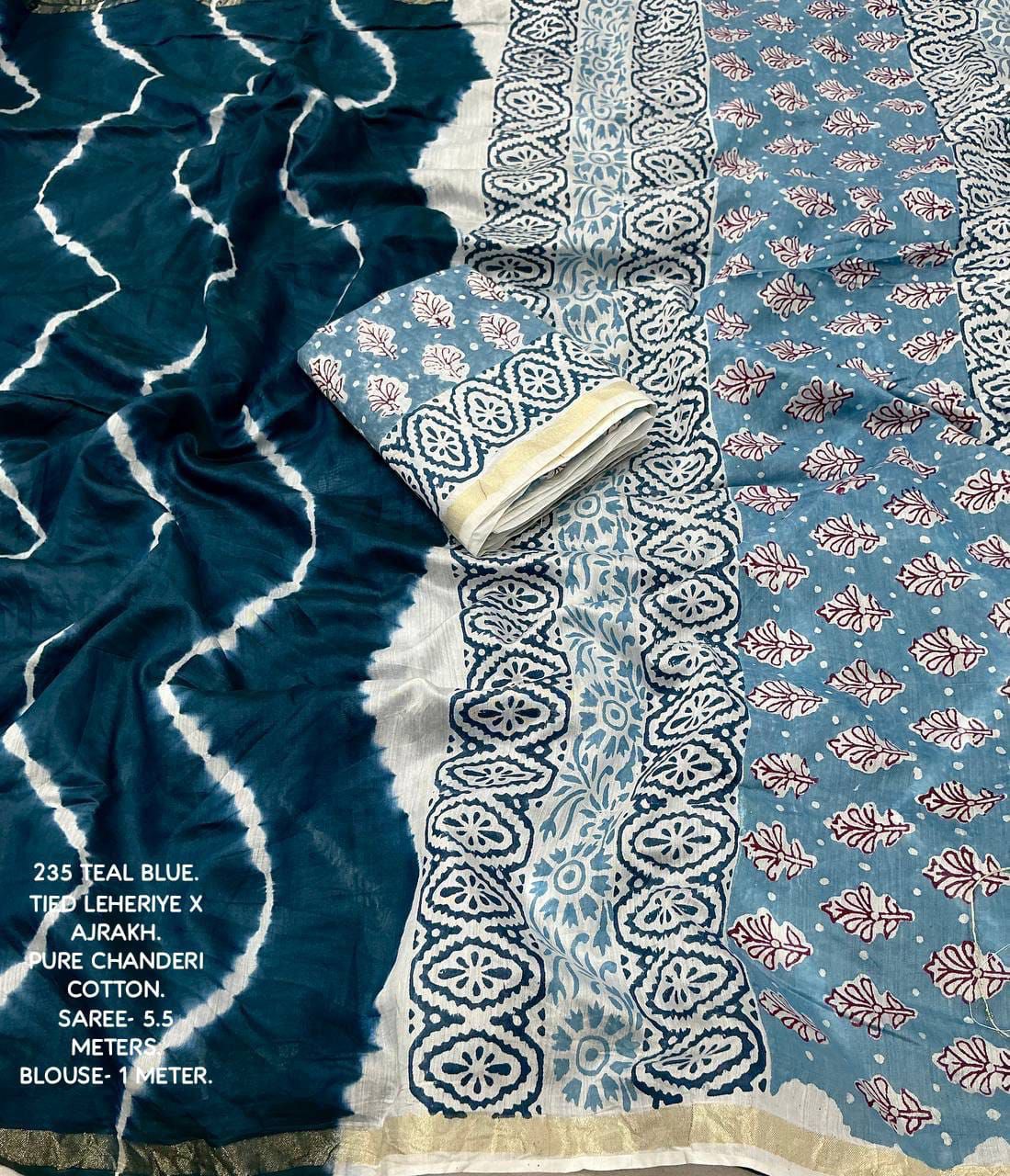 Soft Pure Chanderi Leheriya Saree with Ajrakh Pallu + Cotton Tassels