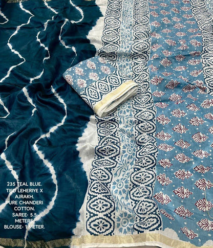 Soft Pure Chanderi Leheriya Saree with Ajrakh Pallu + Cotton Tassels