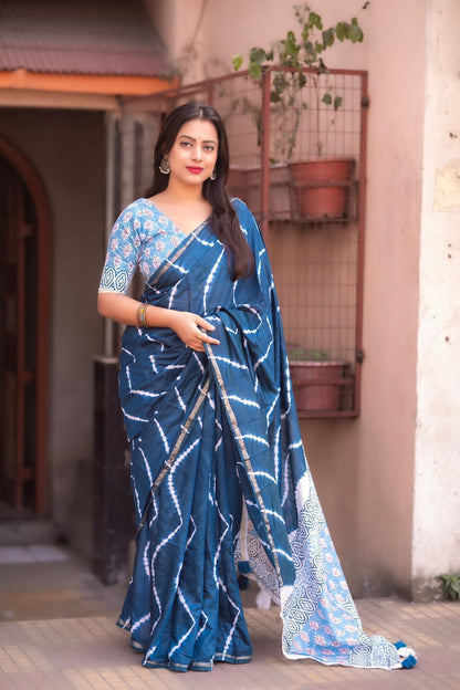 Soft Pure Chanderi Leheriya Saree with Ajrakh Pallu + Cotton Tassels