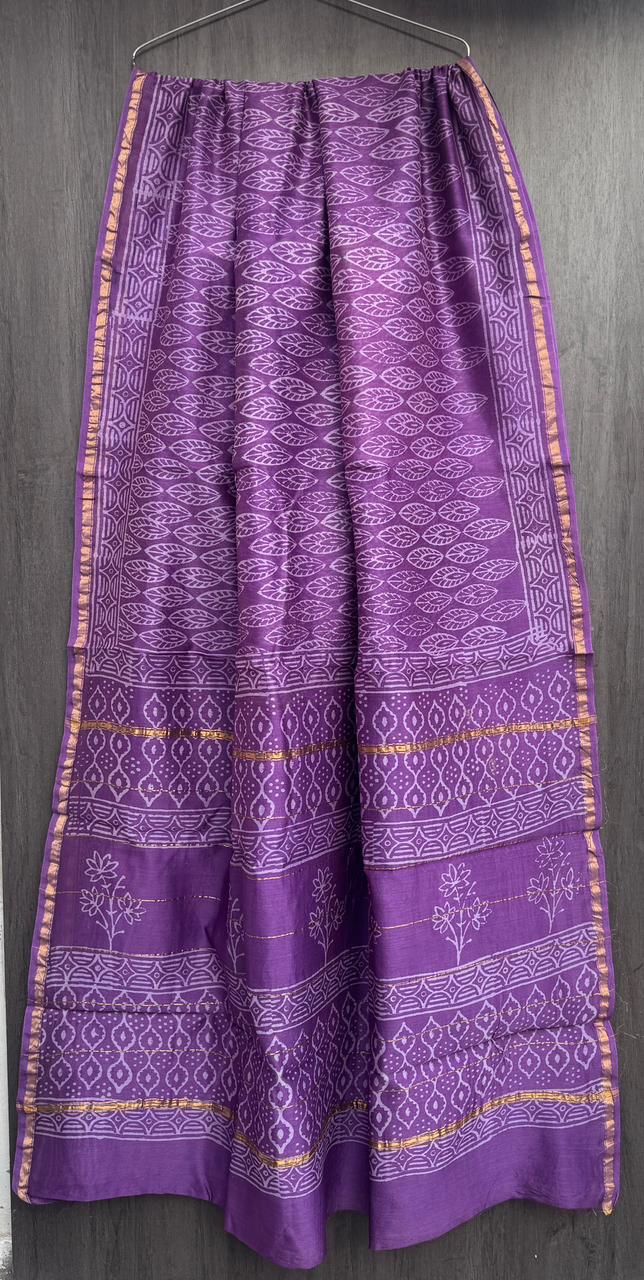 Hand Block Printed Bagru Pure Chanderi Saree with Blouse Piece