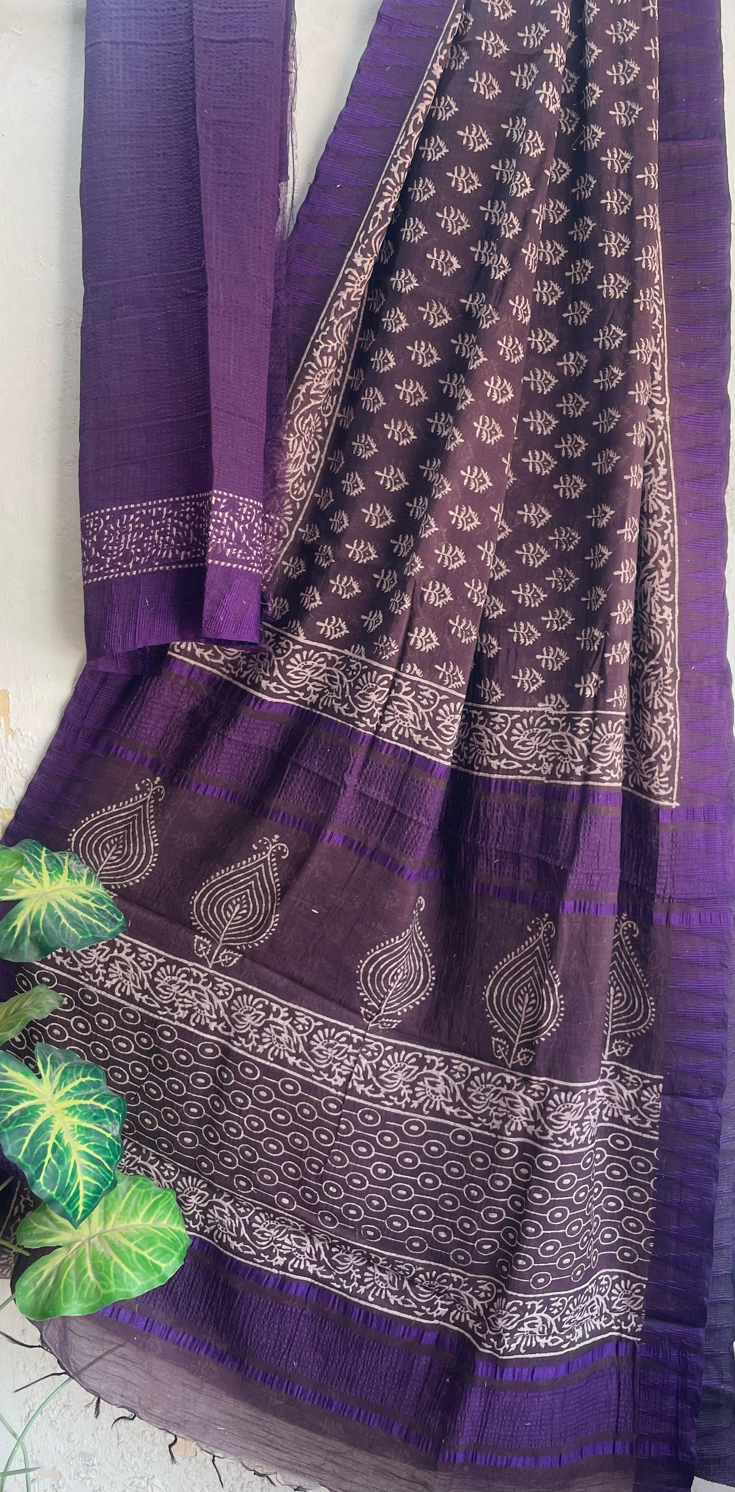Hand Block Printed Cotton Silk Saree with Temple Border (Ajrakh & Dabu)