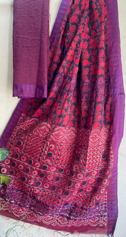 Hand Block Printed Cotton Silk Saree with Temple Border (Ajrakh & Dabu)