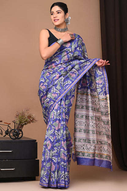 Hand Block Printed Bagru Pure Chanderi Saree with Blouse Piece