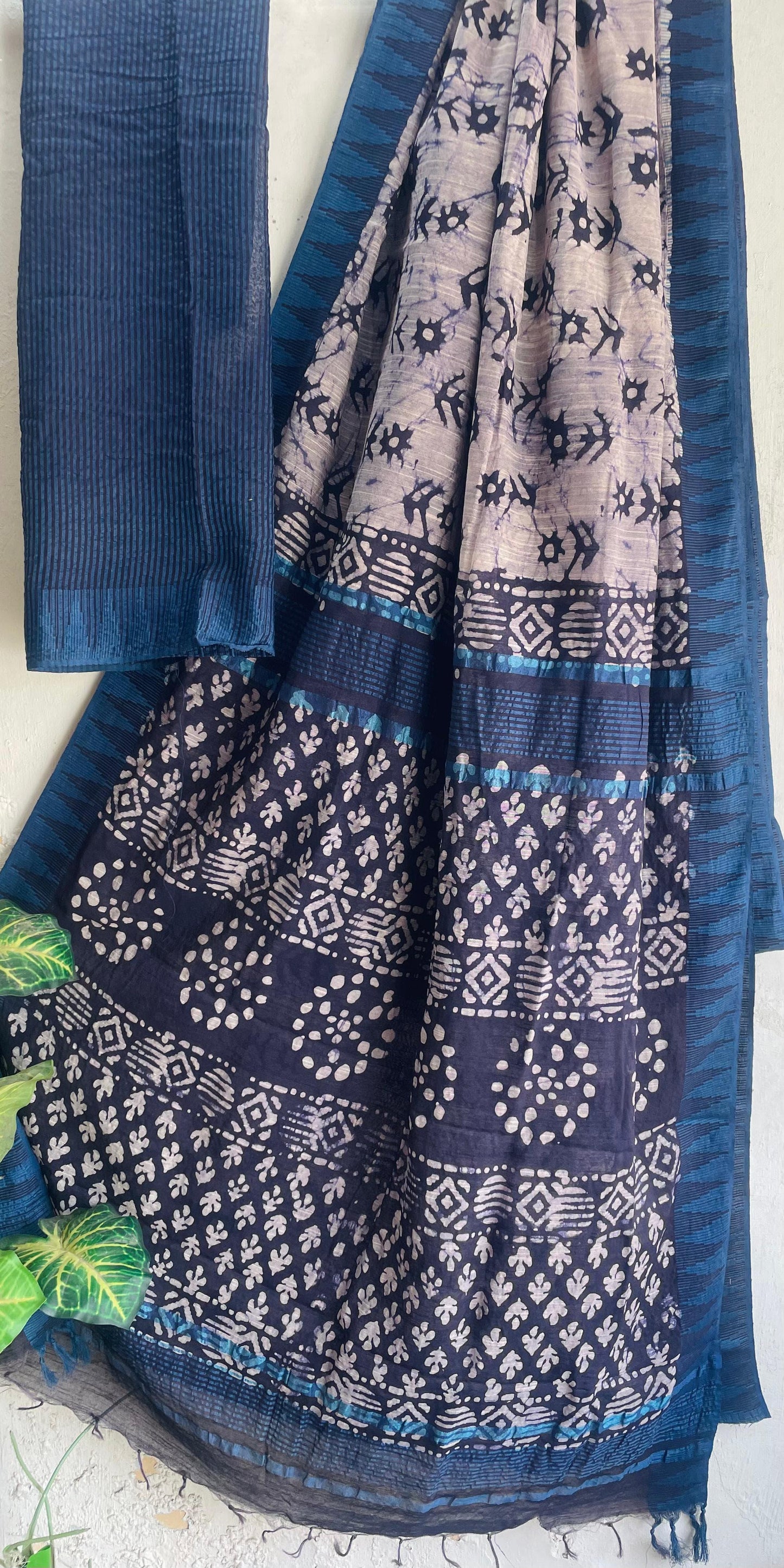 Hand Block Printed Cotton Silk Saree with Temple Border (Ajrakh & Dabu)