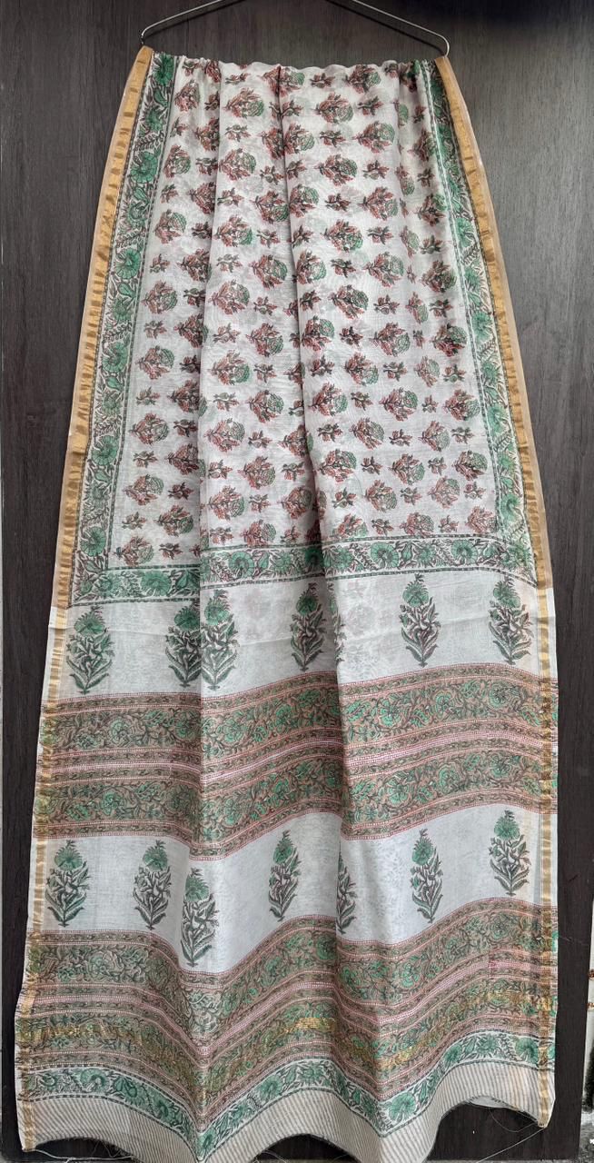 Hand Block Printed Bagru Pure Chanderi Saree with Blouse Piece