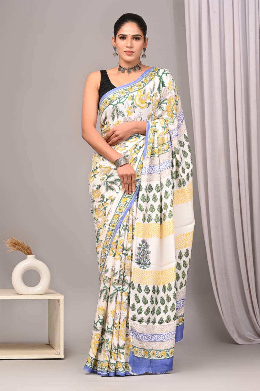 Soothing Ajrakh Vanaspati Natural Dye Modal Silk Saree + Printed Blouse