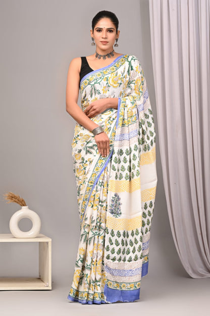 Soothing Ajrakh Vanaspati Natural Dye Modal Silk Saree + Printed Blouse
