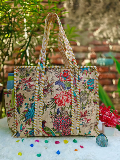 Cotton Quilted Tote Bag with Zip & External Water Bottle Pocket