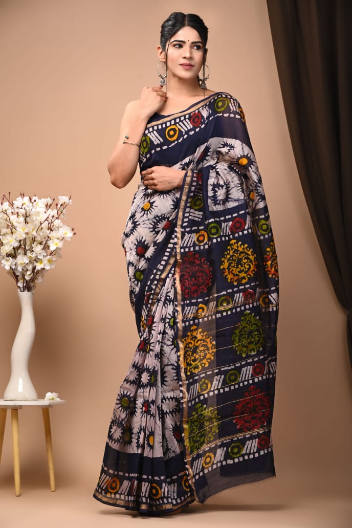 Hand Block Printed Bagru Pure Chanderi Saree with Blouse Piece