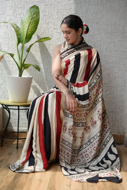 Exclusive Natural-Dye Ajrakh Vanaspati Pure Modal Silk Saree + Printed Blouse