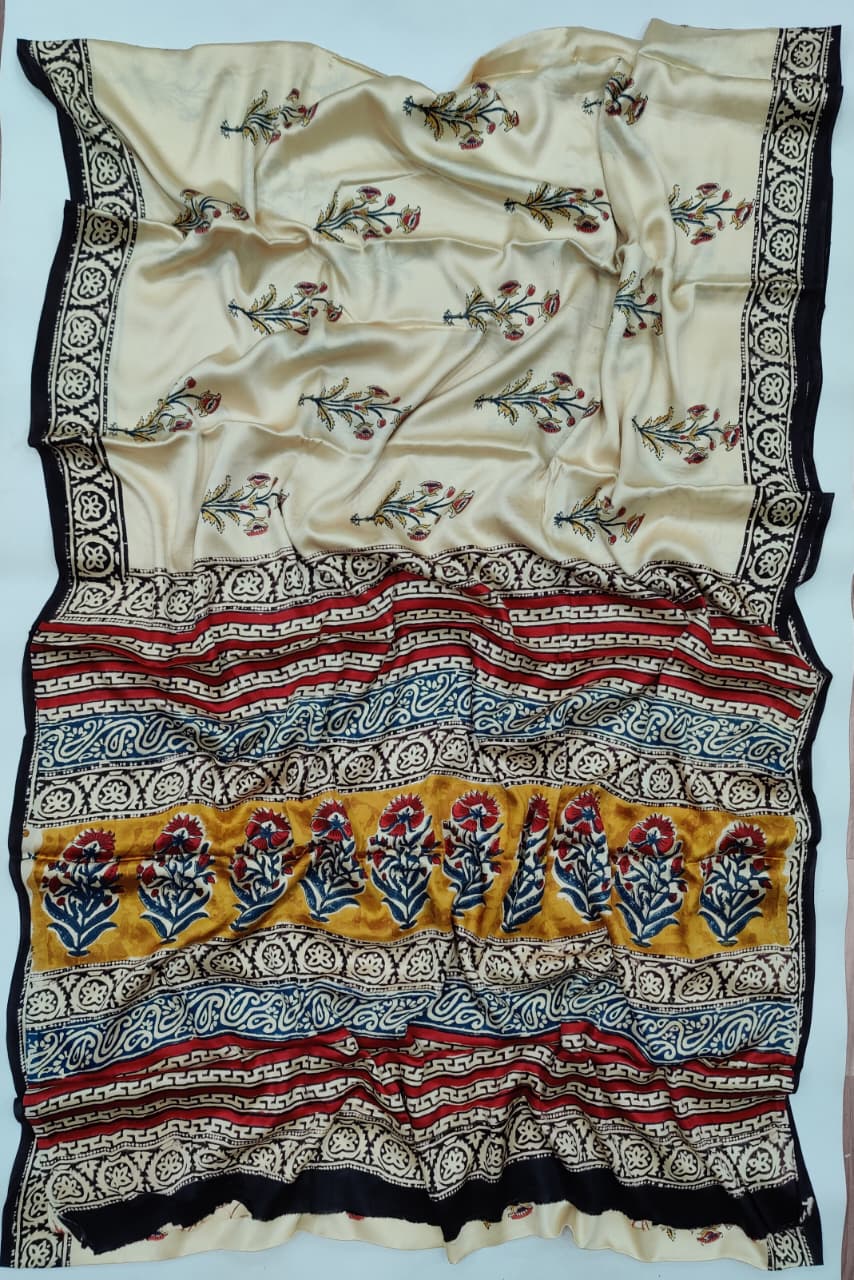 Premium Natural Ajrakh Hand Block Printed Modal Silk Saree