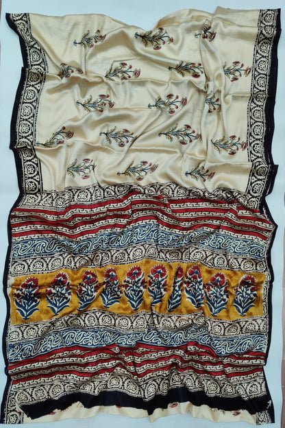 Premium Natural Ajrakh Hand Block Printed Modal Silk Saree