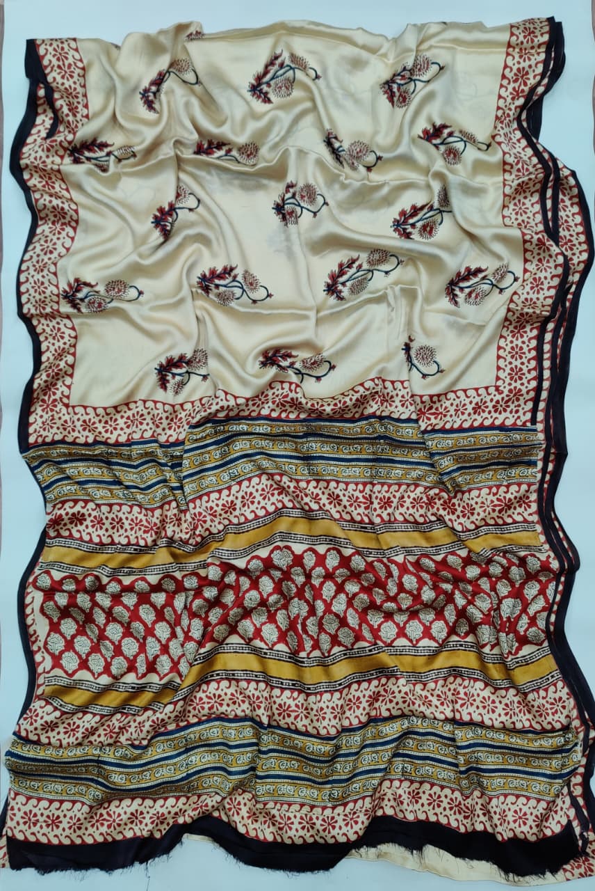 Premium Natural Ajrakh Hand Block Printed Modal Silk Saree