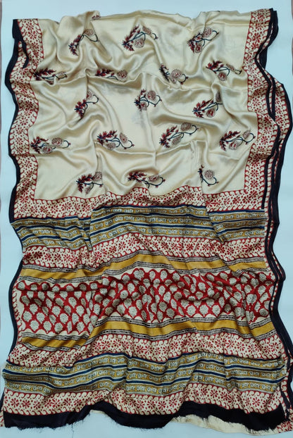 Premium Natural Ajrakh Hand Block Printed Modal Silk Saree