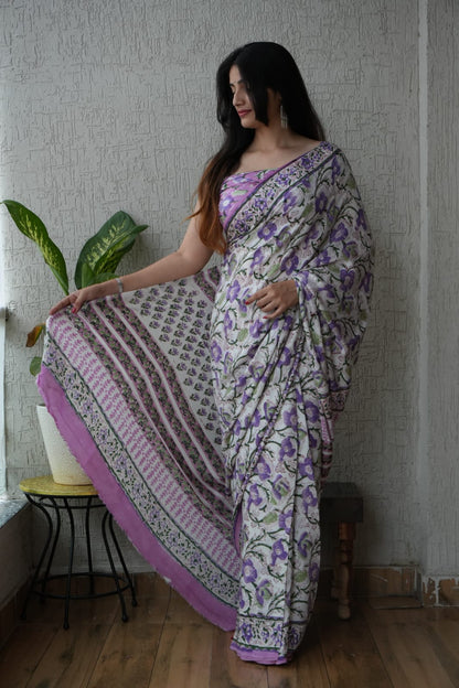 Soothing Ajrakh Vanaspati Natural Dye Modal Silk Saree + Printed Blouse