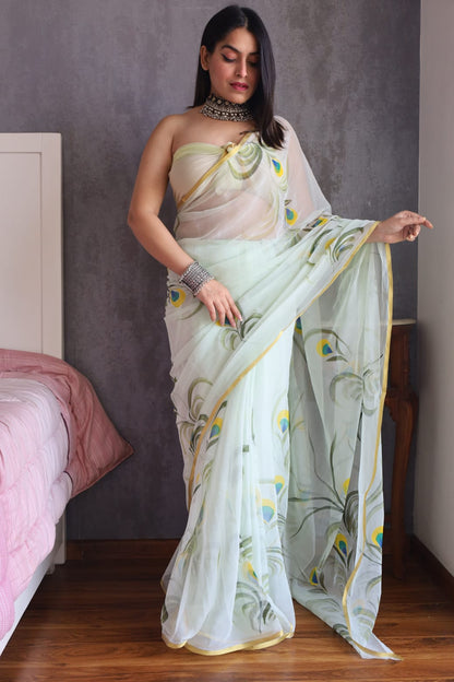Hand Painted Chiffon Saree with Zari Border – Soft & Elegant Party Wear