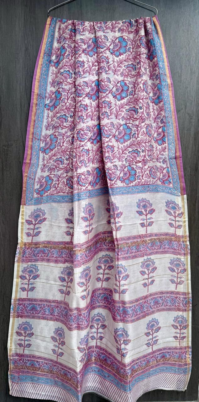 Hand Block Printed Bagru Pure Chanderi Saree with Blouse Piece