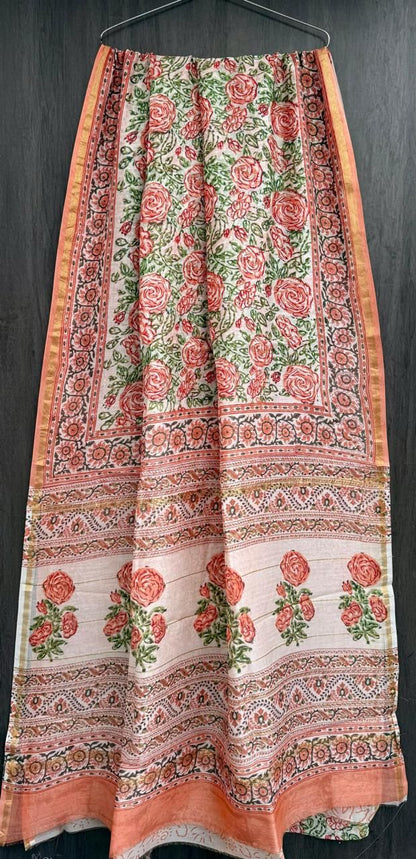 Hand Block Printed Bagru Pure Chanderi Saree with Blouse Piece