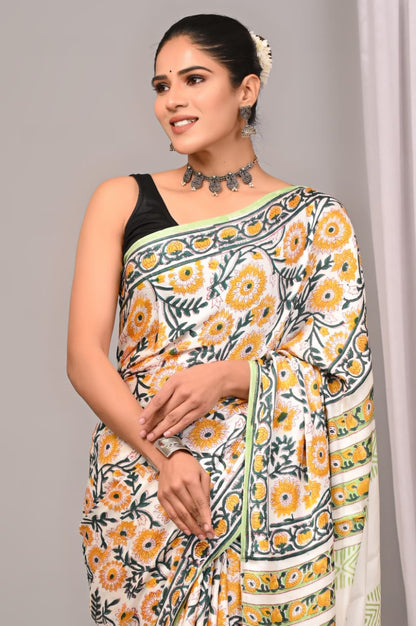 Soothing Ajrakh Vanaspati Natural Dye Modal Silk Saree + Printed Blouse