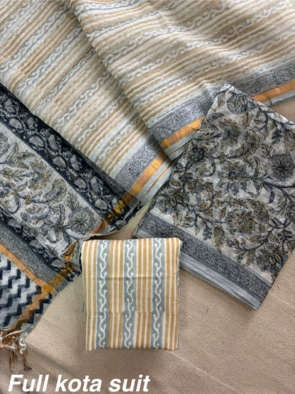 Premium Pure Full Kota Doria Suit | Hand Block Printed Silk Cotton Set