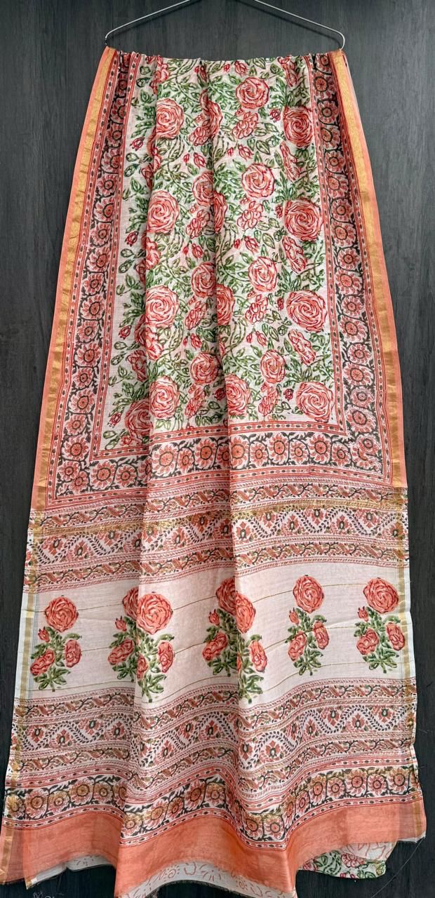 Hand Block Printed Bagru Pure Chanderi Saree with Blouse Piece