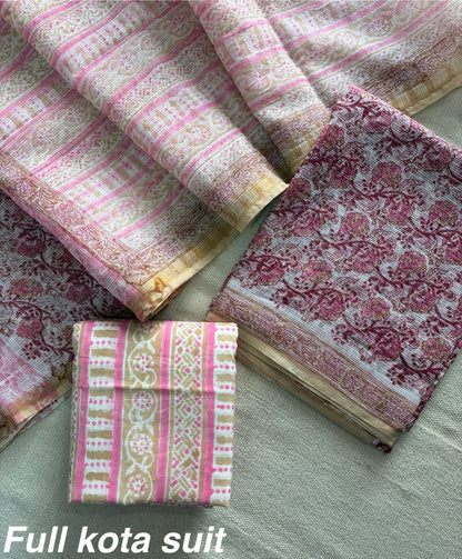 Premium Pure Full Kota Doria Suit | Hand Block Printed Silk Cotton Set