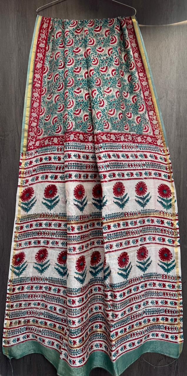Hand Block Printed Bagru Pure Chanderi Saree with Blouse Piece