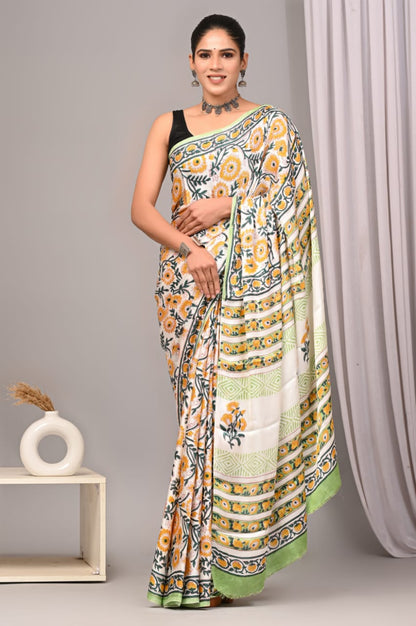 Soothing Ajrakh Vanaspati Natural Dye Modal Silk Saree + Printed Blouse