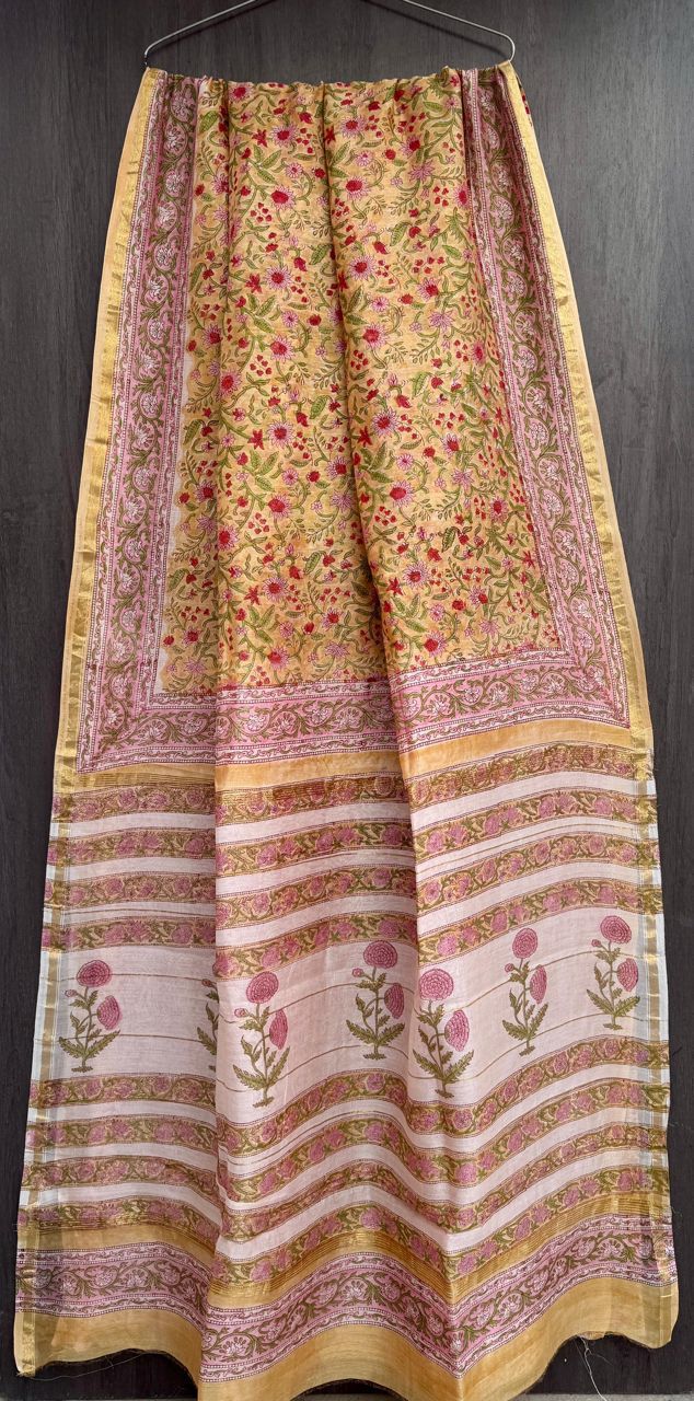 Hand Block Printed Bagru Pure Chanderi Saree with Blouse Piece