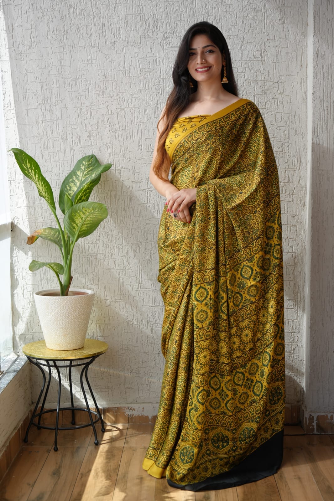 Pure Ajrakh Print Modal Silk Saree (Vegetable-Dyed) + Printed Blouse
