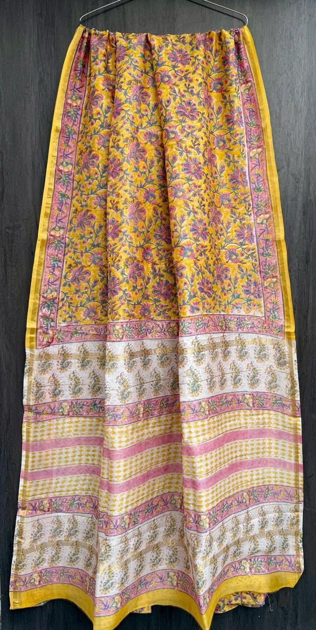 Hand Block Printed Bagru Pure Chanderi Saree with Blouse Piece