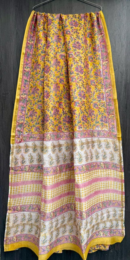 Hand Block Printed Bagru Pure Chanderi Saree with Blouse Piece