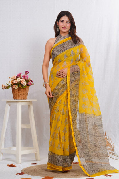 Kota Doriya Hand Block Printed Saree with Blouse (Natural Dye)