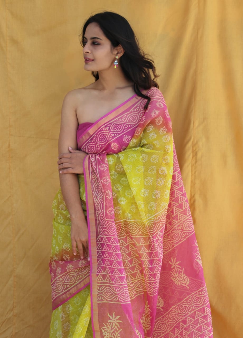 Kota Doriya Hand Block Printed Saree with Blouse (Natural Dye)