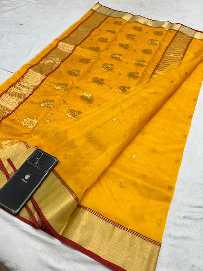 Chanderi Jhad Palla Katan Silk Saree with Ghana Golden Zari Buti