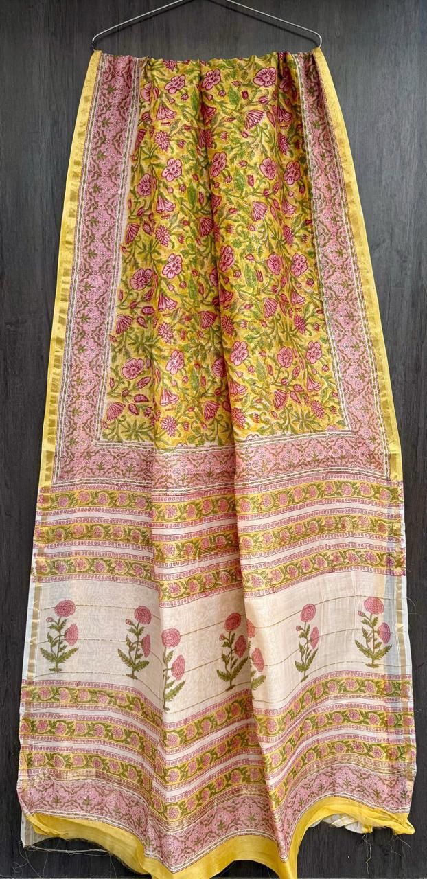 Hand Block Printed Bagru Pure Chanderi Saree with Blouse Piece