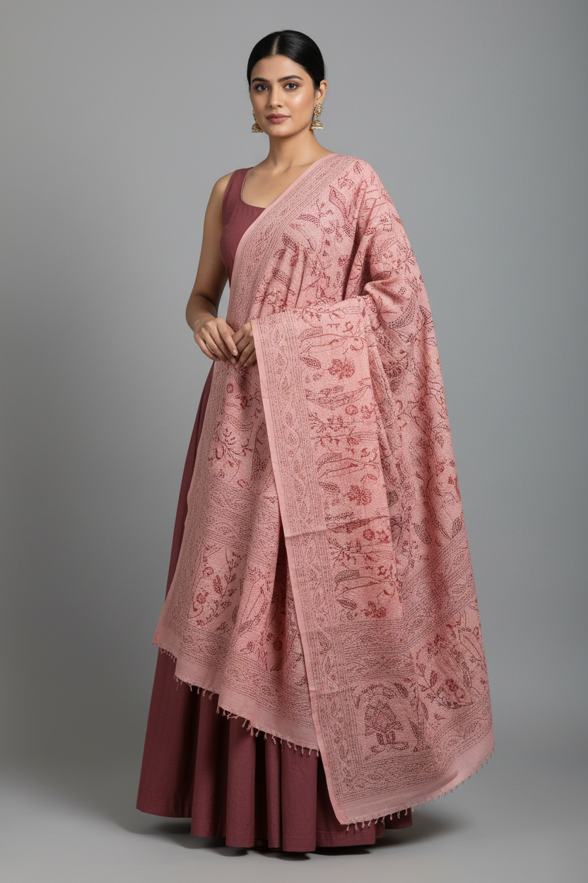 Create a highly realistic studio-style fashion image for an ethnic wear brand homepage.
A female model wearing a plain solid-colour lehenga choli (muted maroon / deep olive / warm rust – no prints, no embroidery) paired with a heavy pure cotton Kantha work dupatta.

The dupatta is the hero — richly detailed Kantha hand embroidery, layered and draped gracefully over the shoulder and arm to clearly showcase the craftsmanship.

Colour of dupatta: soft blush pink with visible Kantha stitching.

Background: clea