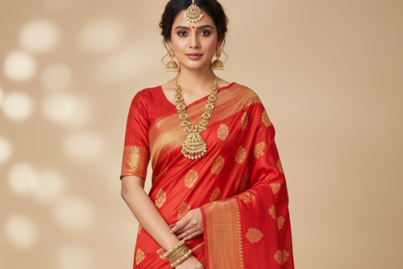 Maheshwari silk saree red colour with the model wearing it..and she should carry a good jewellery... focus on the model and saree..reduce the background a little..it should look presentable and eye catching
