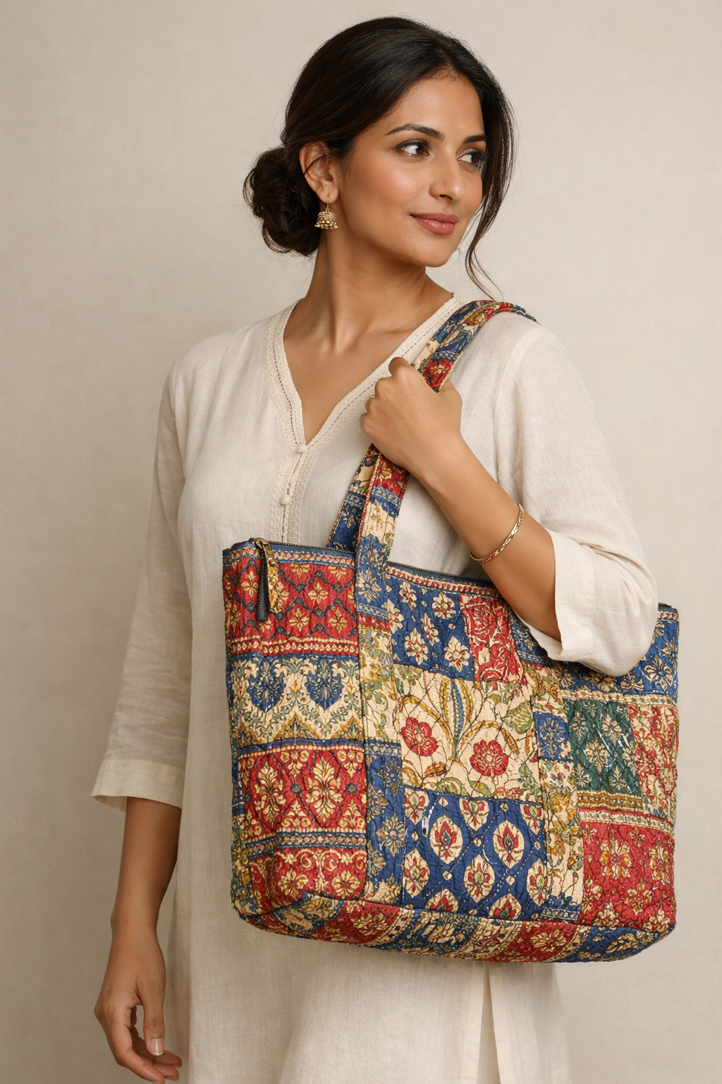 Cotton Quilted Tote Bag with Zip & External Water Bottle Pocket